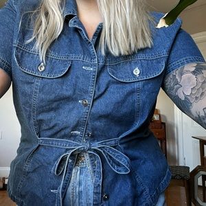 Plus size denim collared button up blouse with shoulder pads